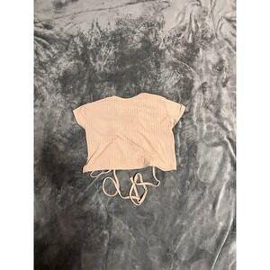Faded Rose Tan Ribbed Short Sleeve Lace Up Open Back Crop Top Womens Size Medium